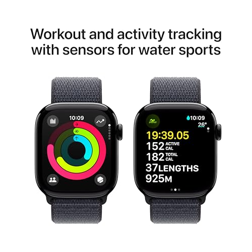 Apple Watch Series 10 46mm Smartwatch with Jet Black Aluminum Case with Ink Sport Loop. Fitness Tracker, ECG App, Always-On Retina Display, Carbon Neutral - Unboxed
