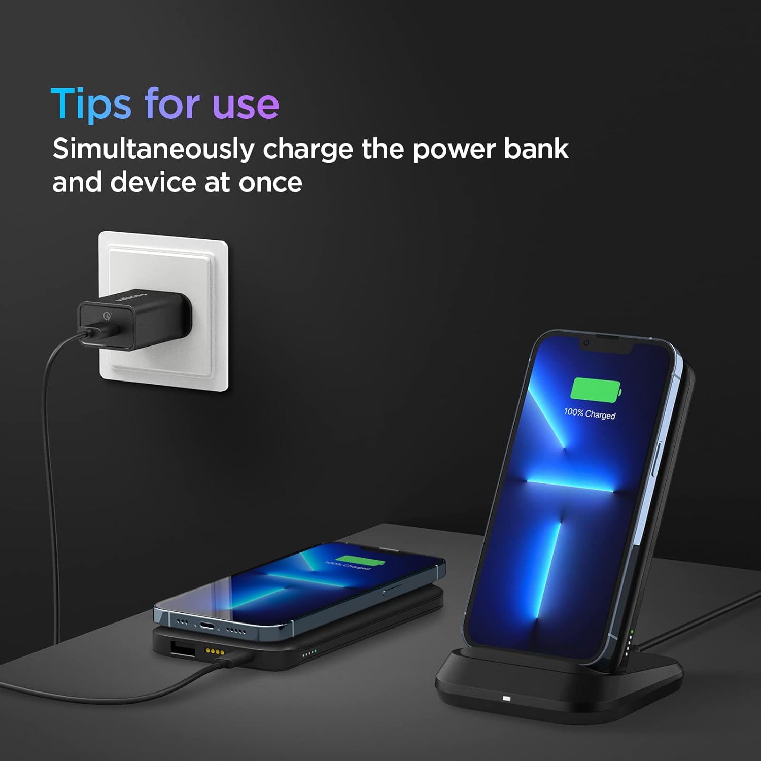Spigen 3in1 10000mAh Wireless Charging Power Bank with USB-A | USB-C 20W Fast Charging, Included USB-C to USB-C Cable, Lithium Polymer - Black
