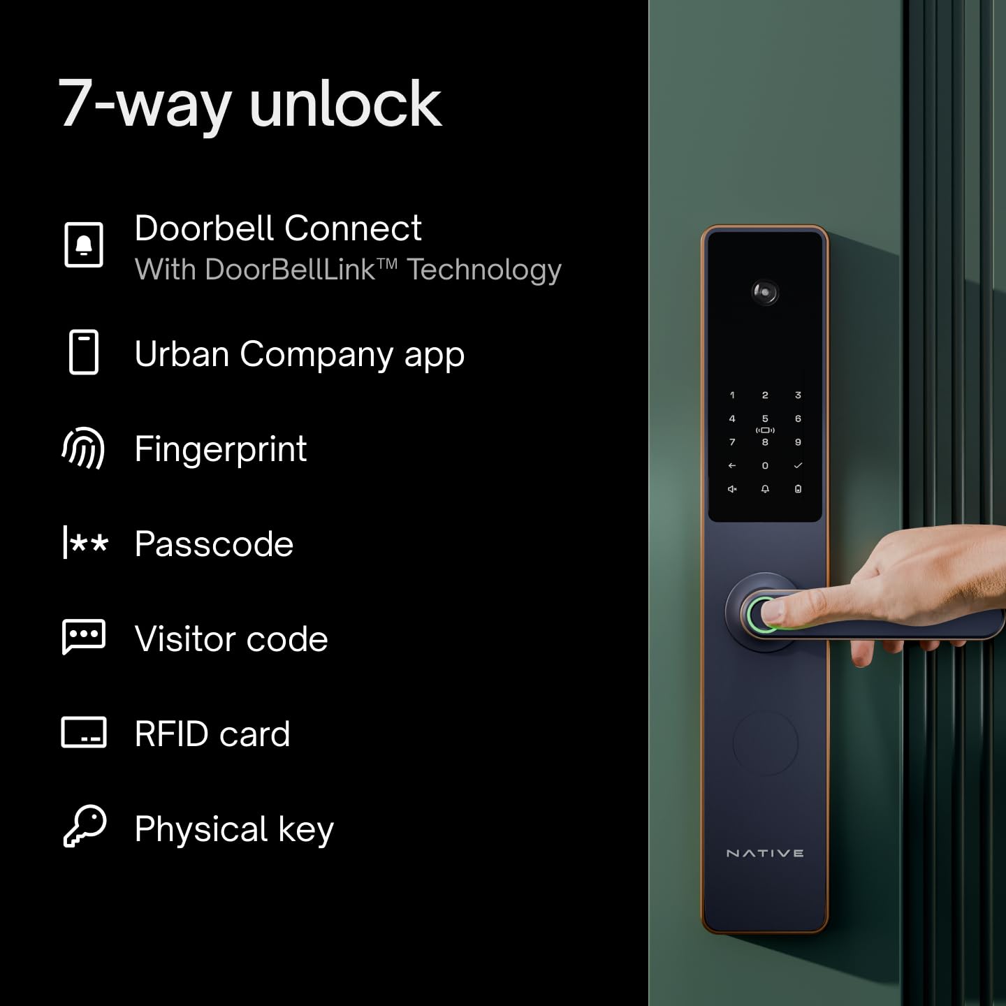 Native by Urban Company Lock Pro Smart Door Lock with in-Built HD Camera & Home Doorbell Connect | 7-Way Unlock | Free Installation | 3-Year Warranty - Unboxed