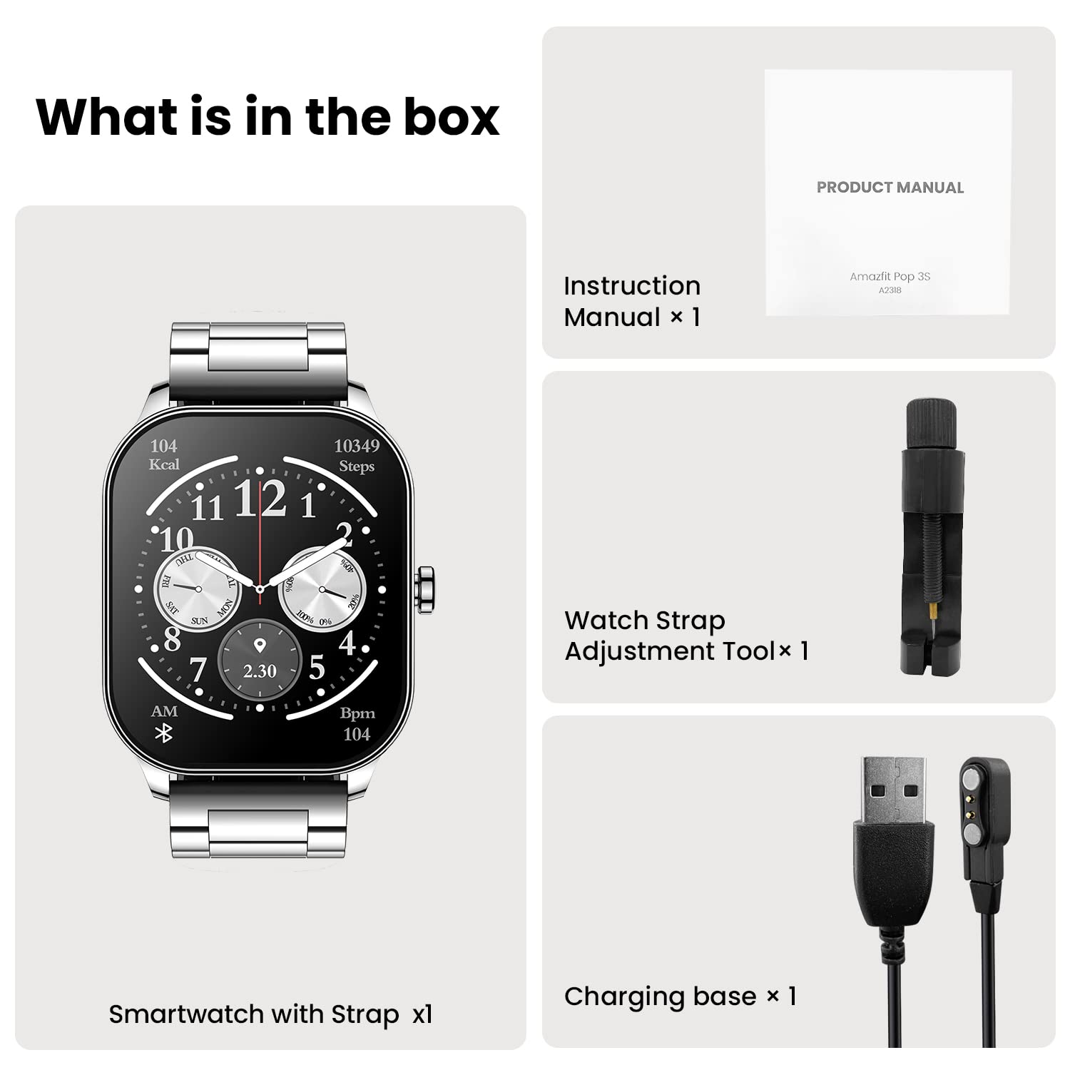 Amazfit Pop 3S Smart Watch with 1.96" AMOLED Display, BT Calling, SpO2, 12-Day Battery Life, 304 Stainless Steel, AI Voice Assistance, 100 Sports Modes, 24H HR Monitor, Music Control - Sealed