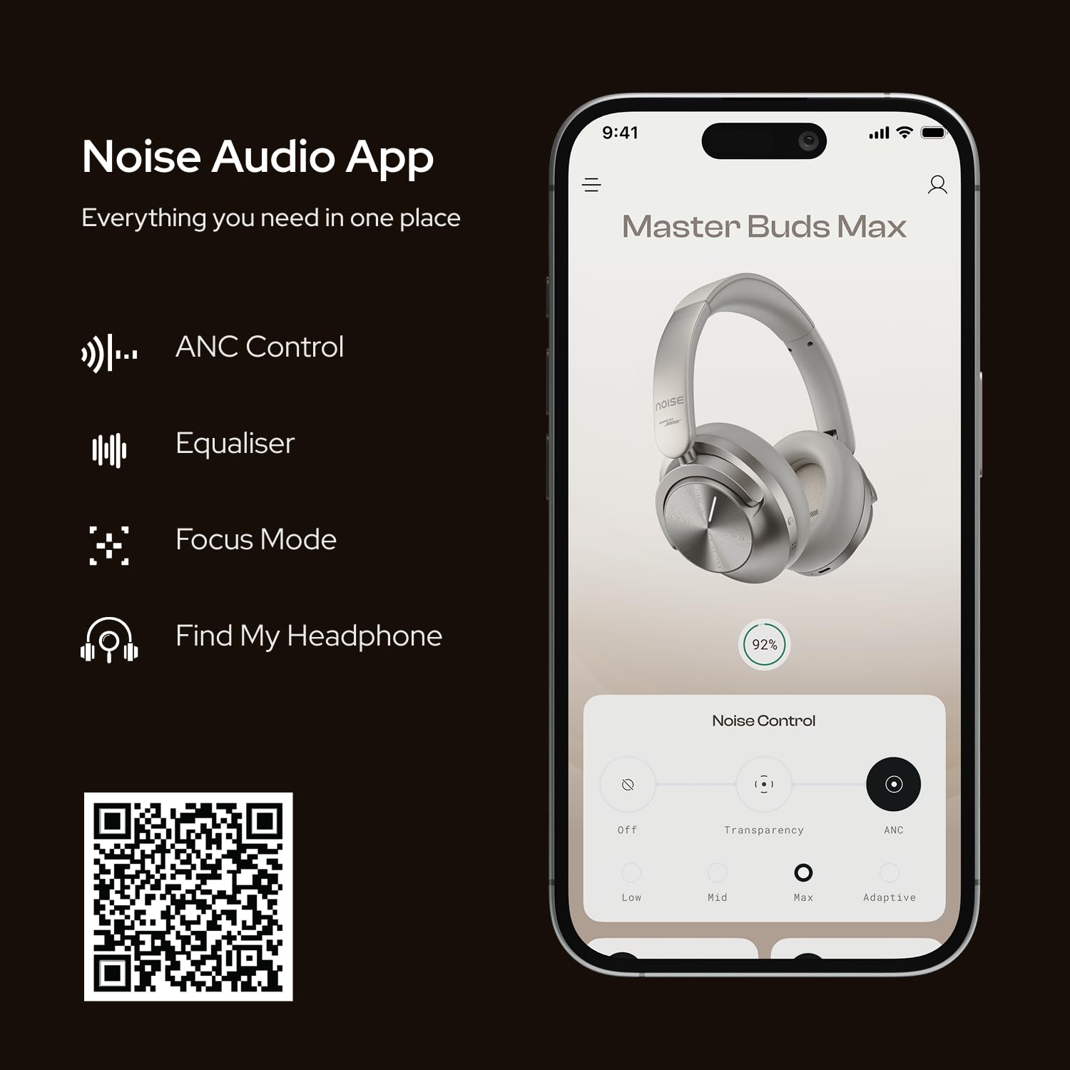 Noise Master Buds Max, Sound by Bose Wireless Over-Ear Headphones, Adaptive ANC, LHDC 5.0, Immersive Spatial Audio,Upto 60H Playtime, Fast Pairing, Wear Detection(Onyx)