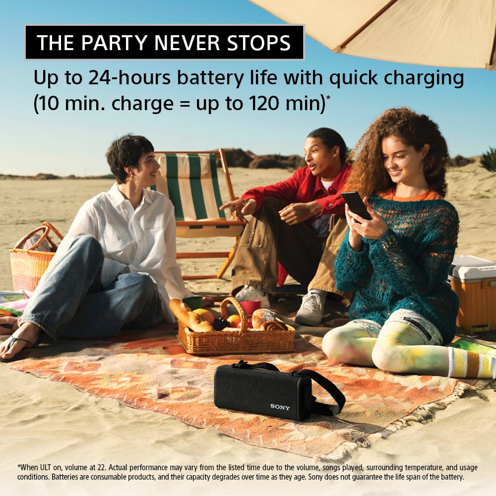 Sony ULT Field 3 Bluetooth Speaker, 48W Massive Bass, 24Hr Battery, IP67 Water/Dust/Shock/Rustproof, Hands-Free Calling, Quick Charge, Strap-White