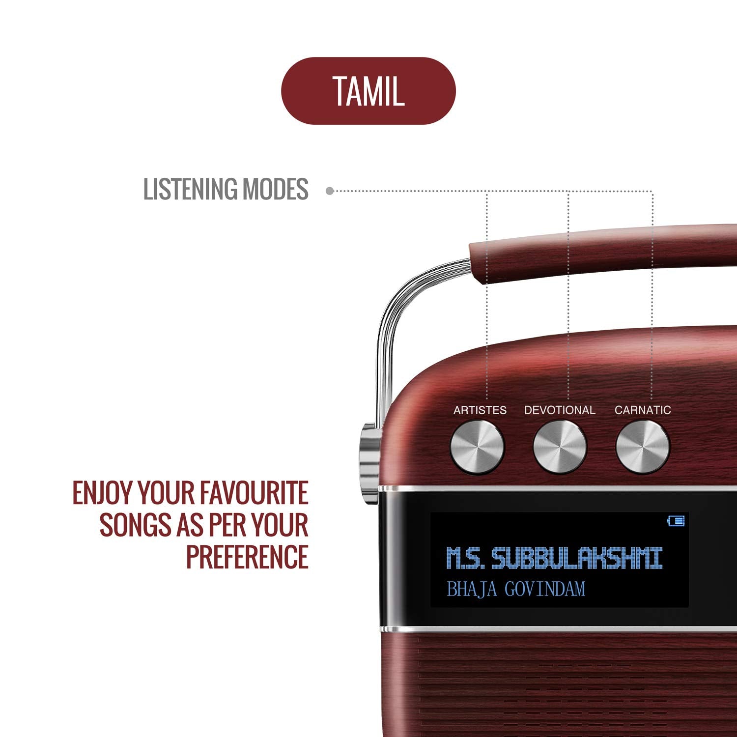 Saregama Carvaan Tamil - Portable Music Player with 5000 Preloaded Songs, FM/BT/AUX (Cherrywood Red)
