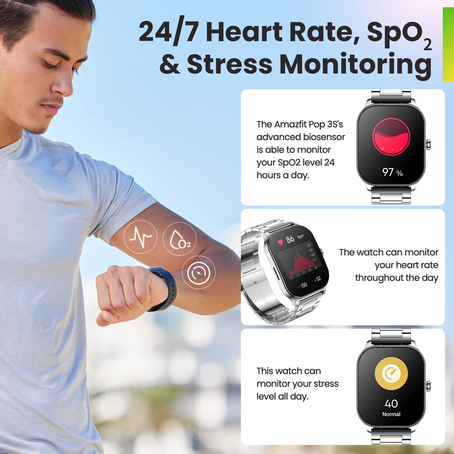Amazfit Pop 3S Smart Watch with 1.96" AMOLED Display, BT Calling, SpO2, 12-Day Battery Life, 304 Stainless Steel, AI Voice Assistance, 100 Sports Modes, 24H HR Monitor, Music Control - Sealed