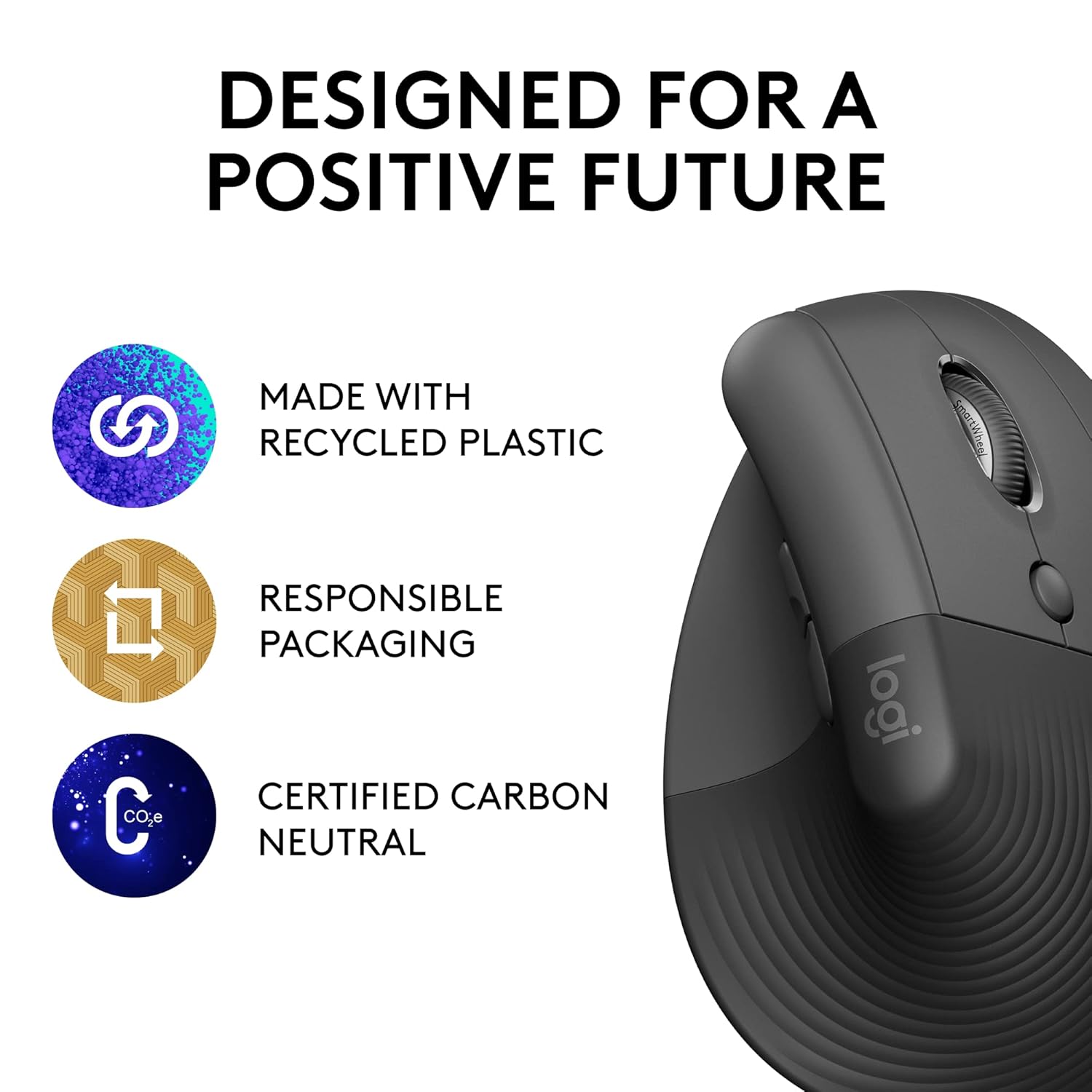 Logitech Lift Vertical Ergonomic Mouse, Wireless, Bluetooth or Logi Bolt USB Receiver, Quiet clicks, 4 Buttons, Compatible with Windows/macOS/iPadOS, Laptop, PC - Graphite