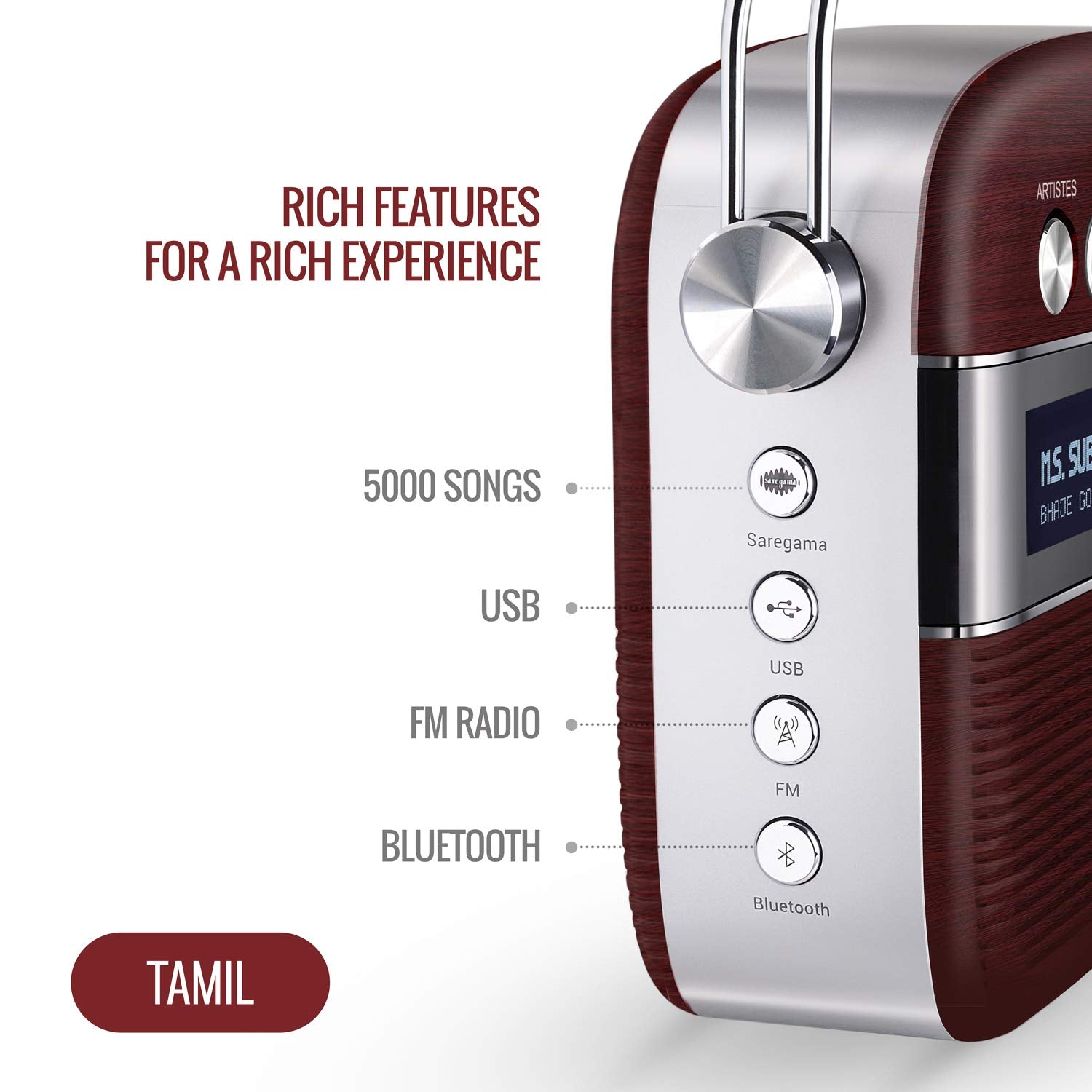 Saregama Carvaan Tamil - Portable Music Player with 5000 Preloaded Songs, FM/BT/AUX (Cherrywood Red)