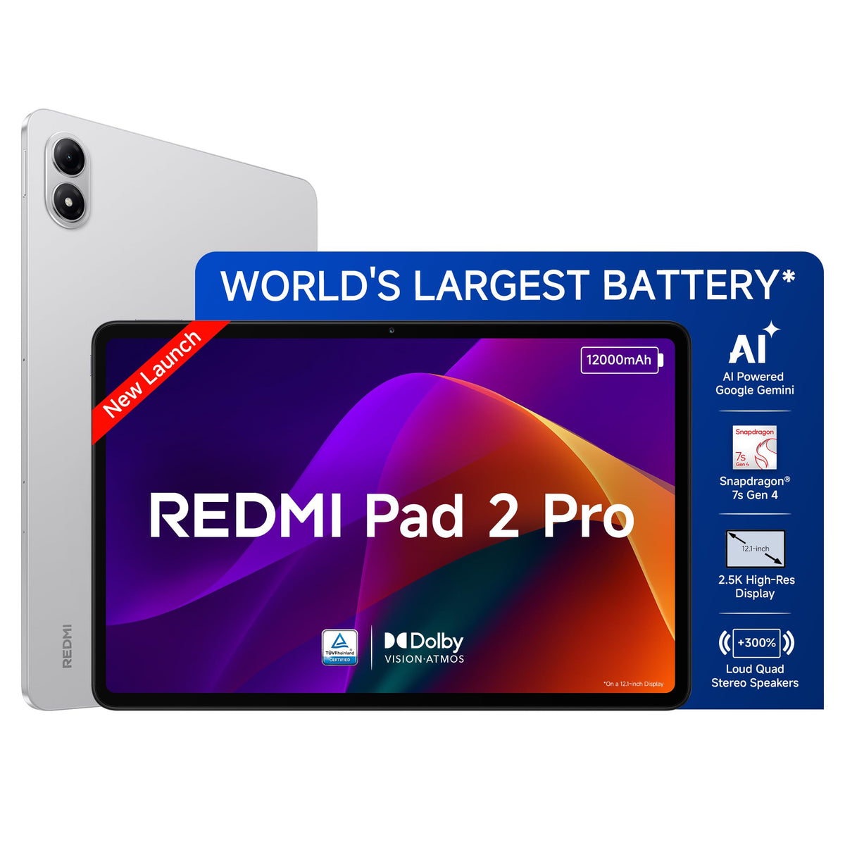 Redmi Pad 2 Pro, 12.1-inch (30.73 CM), LCD Display - 2.5K Sharp & Clear, 8GB RAM, 128GB ROM, Wi-Fi, Quad Speakers, Dolby Atmos, Graphite Grey, AI Enabled