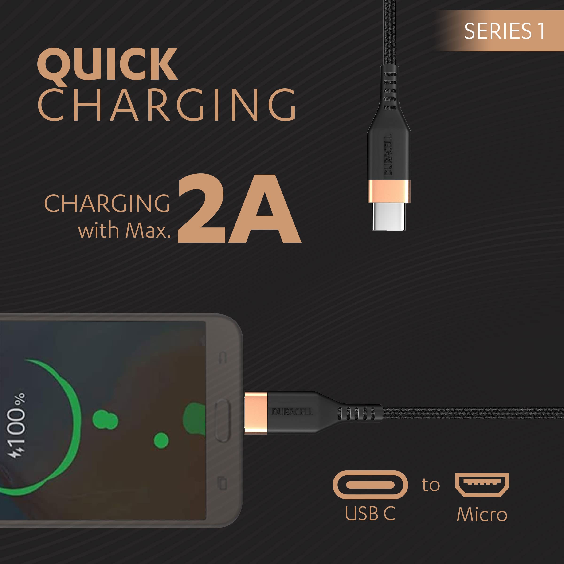 Duracell Type-C To Micro 1.2M braided Sync & Charge Cable, USB C to Micro Fast Charge Compatible for fast data transmission