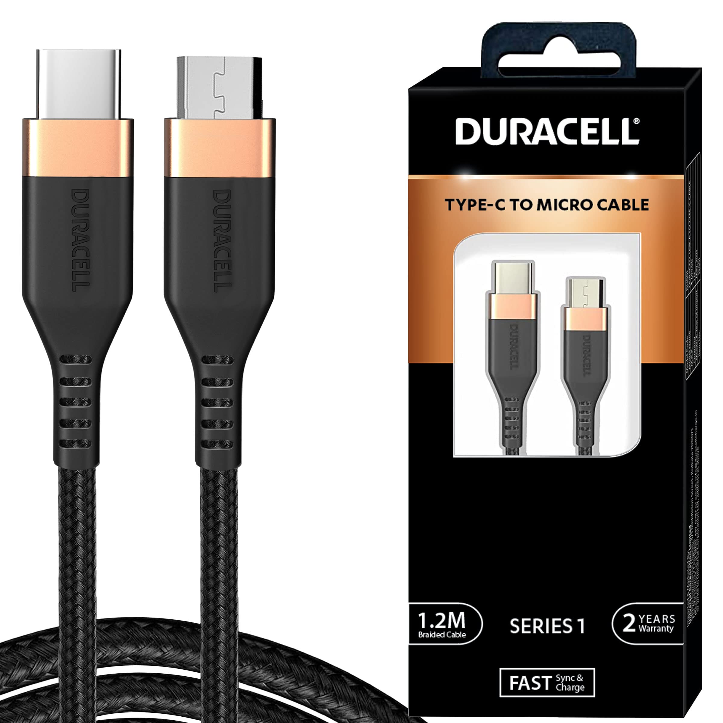 Duracell Type-C To Micro 1.2M braided Sync & Charge Cable, USB C to Micro Fast Charge Compatible for fast data transmission