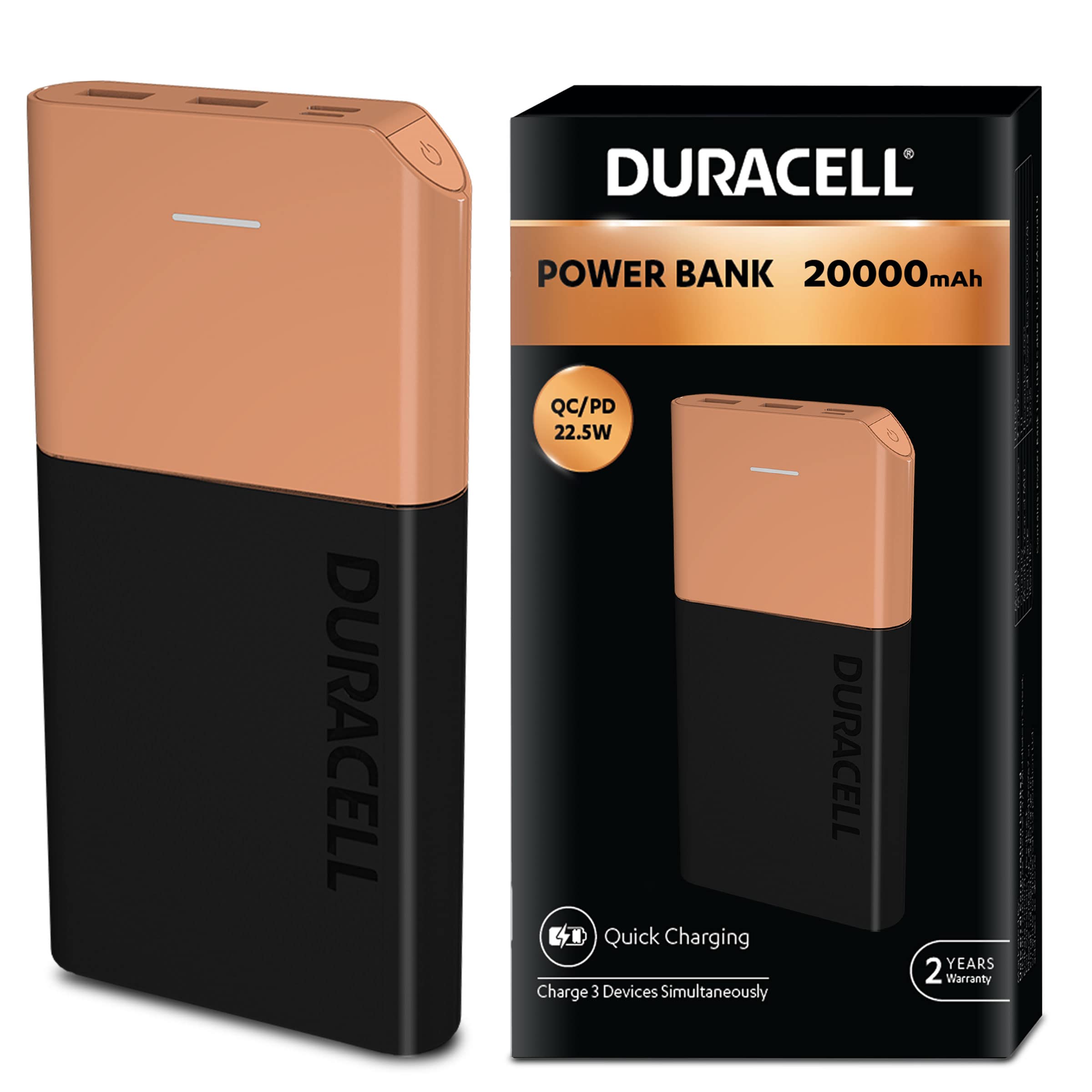 Duracell 20000 MAH Slimmest Power Bank with 1 Type C PD and 2 USB A Port, 22.5W Fast Charging Portable Charger to Charges 3 Devices Simultaneously for iPhones, Android Phones, Smart Watches & More- Unboxed
