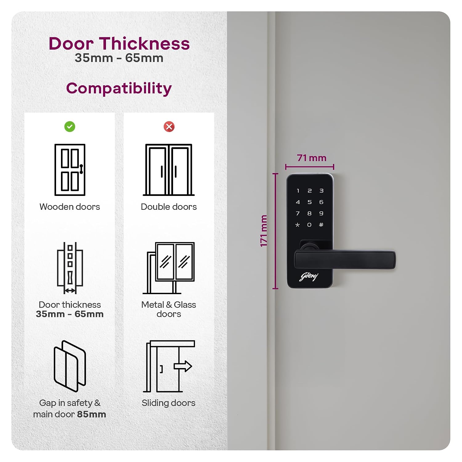 Godrej Smart Lock I Catus Touch I Digital Lock for Main and Internal Wooden Door I 2 in 1 Access I Pin Access I Mechanical Key I Black Finish I 3 Years Warranty |