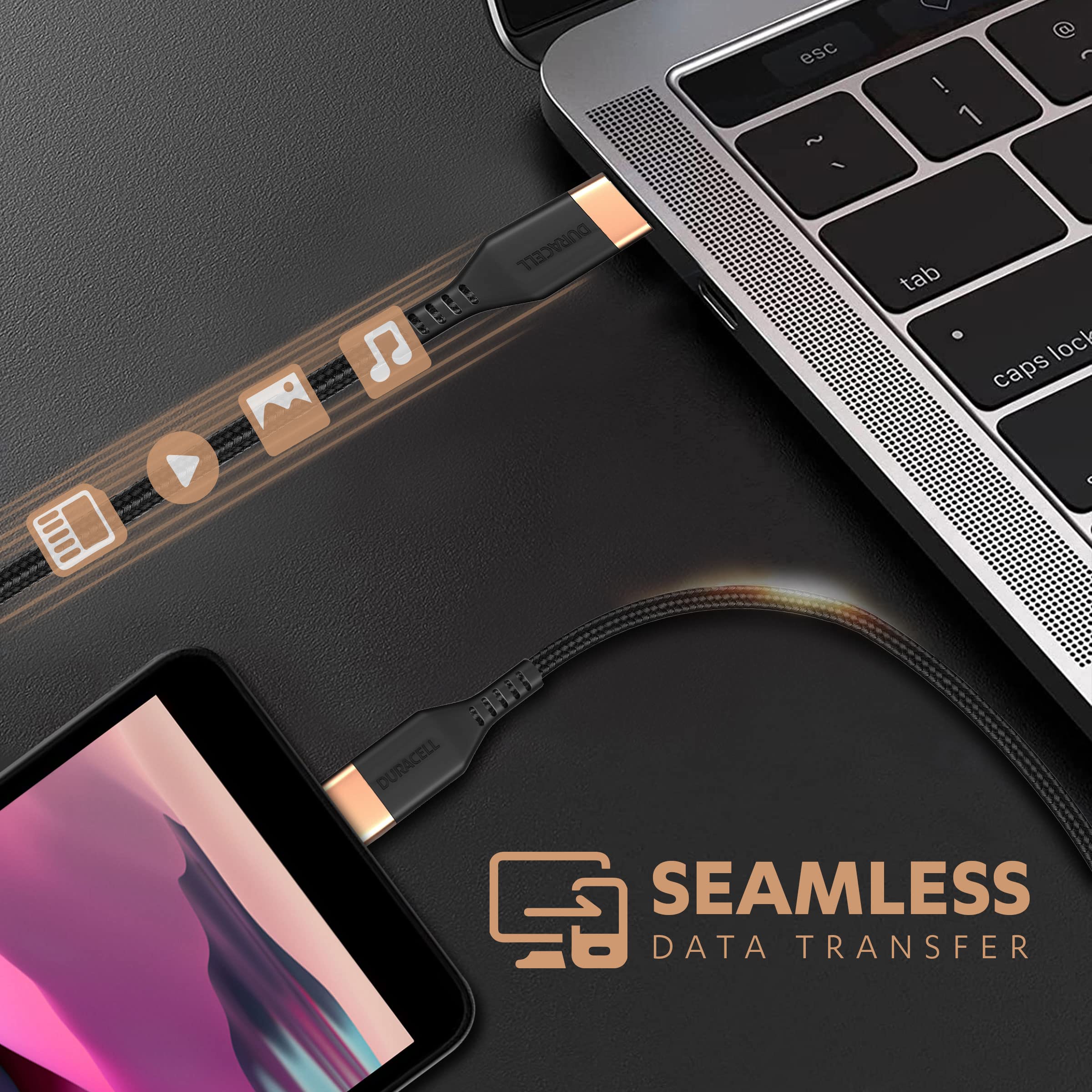 Duracell Type-C To Micro 1.2M braided Sync & Charge Cable, USB C to Micro Fast Charge Compatible for fast data transmission