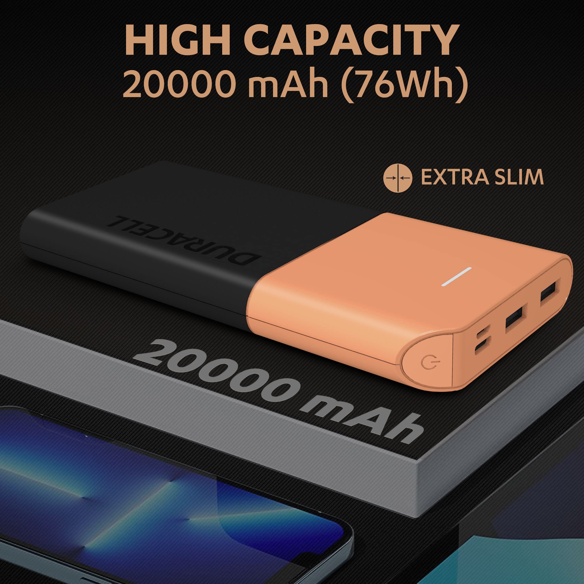 Duracell 20000 MAH Slimmest Power Bank with 1 Type C PD and 2 USB A Port, 22.5W Fast Charging Portable Charger to Charges 3 Devices Simultaneously for iPhones, Android Phones, Smart Watches & More- Unboxed
