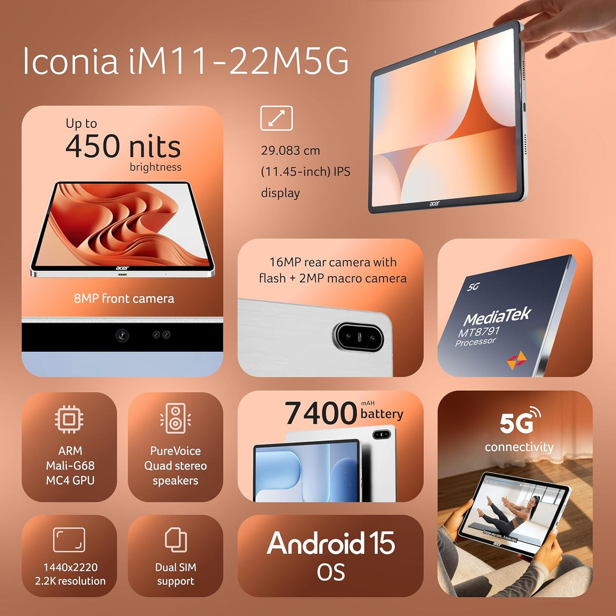 Acer Iconia 5G Tablet|11.45" 2.2k”90Hz IPS Display, MediaTek 8791 Processor, 8GB RAM + 128GB Storage, 16MP Rear+8MP Front Camera,Wi-Fi + 5G Volte, Android 15,BT 5.2, Slim Metal Body - Unboxed