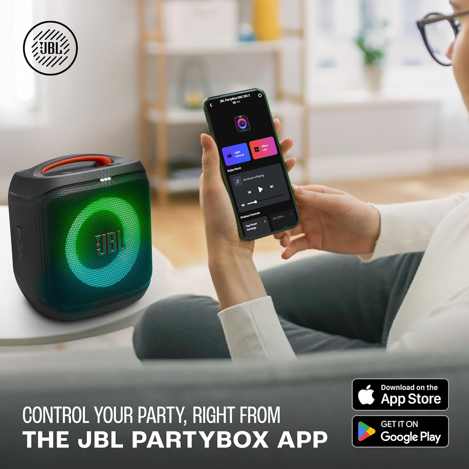JBL Partybox Encore Essential 2 Wireless Bluetooth Party Speaker, AI Sound Boost, Dynamic Light Show, Upto 15Hrs Playtime, Multi-Speaker Connection by Auracast, Guitar & Mic Inputs, PartyBox App-Black