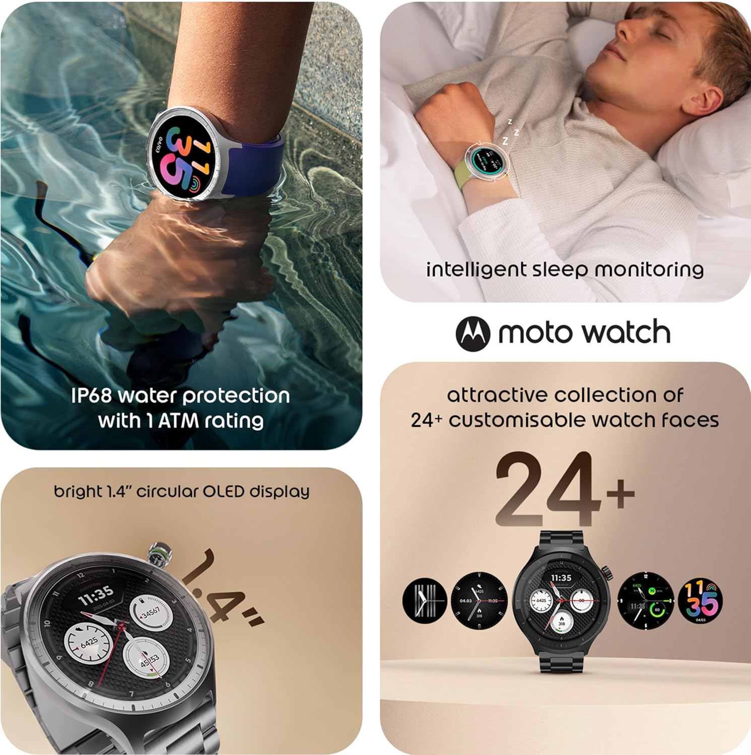 Motorola Moto Watch, 1.4 OLED, AOD, Auto-Brightness, Dual Band GPS, Powered by Polar Smartwatch (Pantone Volcanic Ash Band Strap, Free Size)