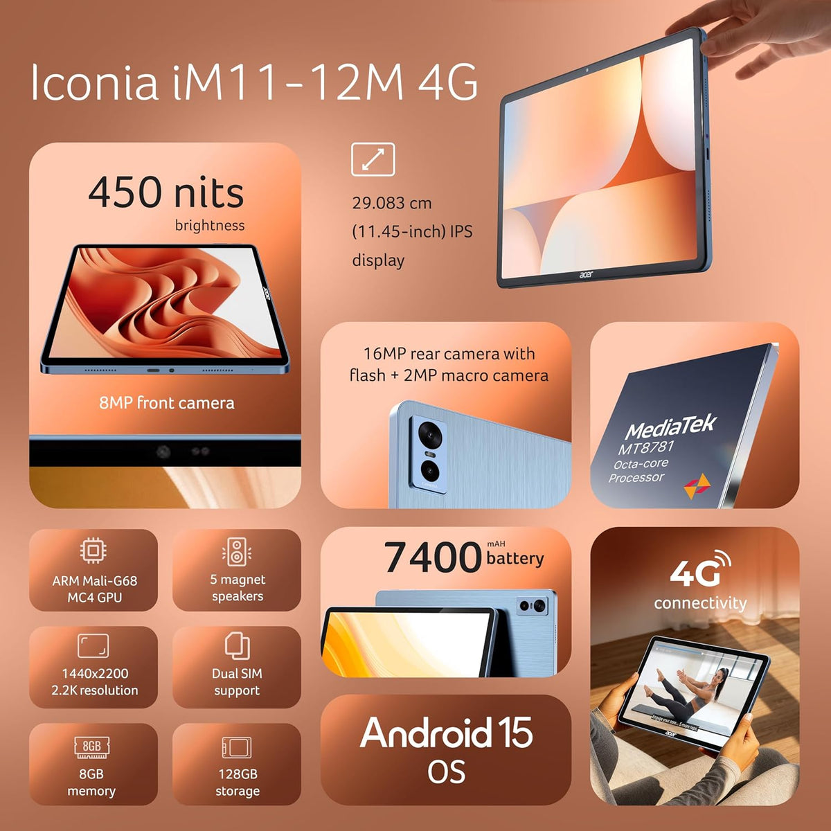 Acer Iconia Tab11 | 11.45" | 2.2K IPS Display, 450 Nit | Quad Speakers | 8GB + 128GB (Expandable) | Wi-Fi + (Calling) | Fingerprint Reader| Slim Metal Body| Blue - Unboxed
