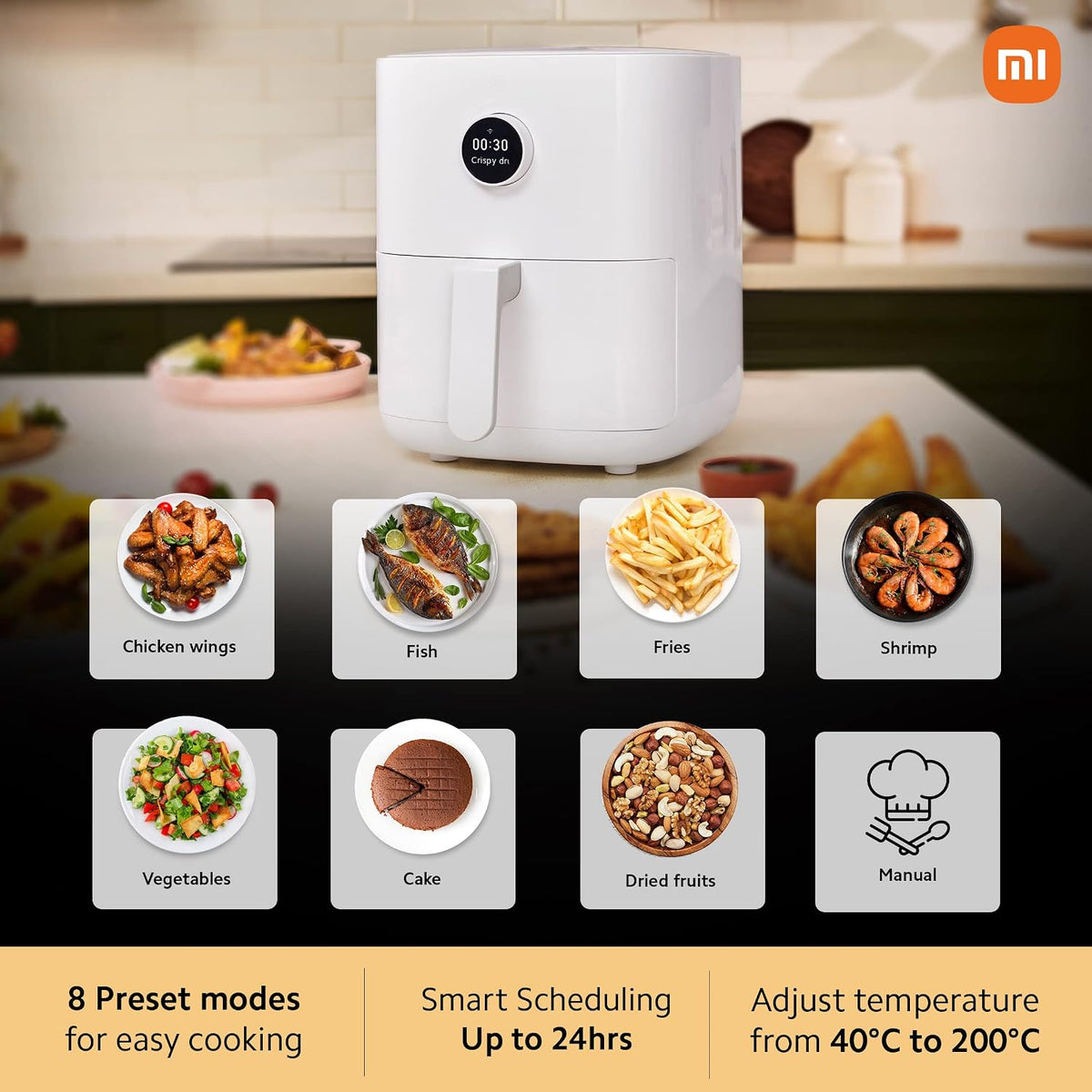 Xiaomi Smart Air Fryer for 4-5 People|90% Less Fat l 1500W Fast Cooking|7 Pre-set Menus|Grill, Bake, Fry, Reheat, Defrost|40-200 C l Dual Speed Technology|Voice Control|90+ Recipe 3.5 liter - Sealed