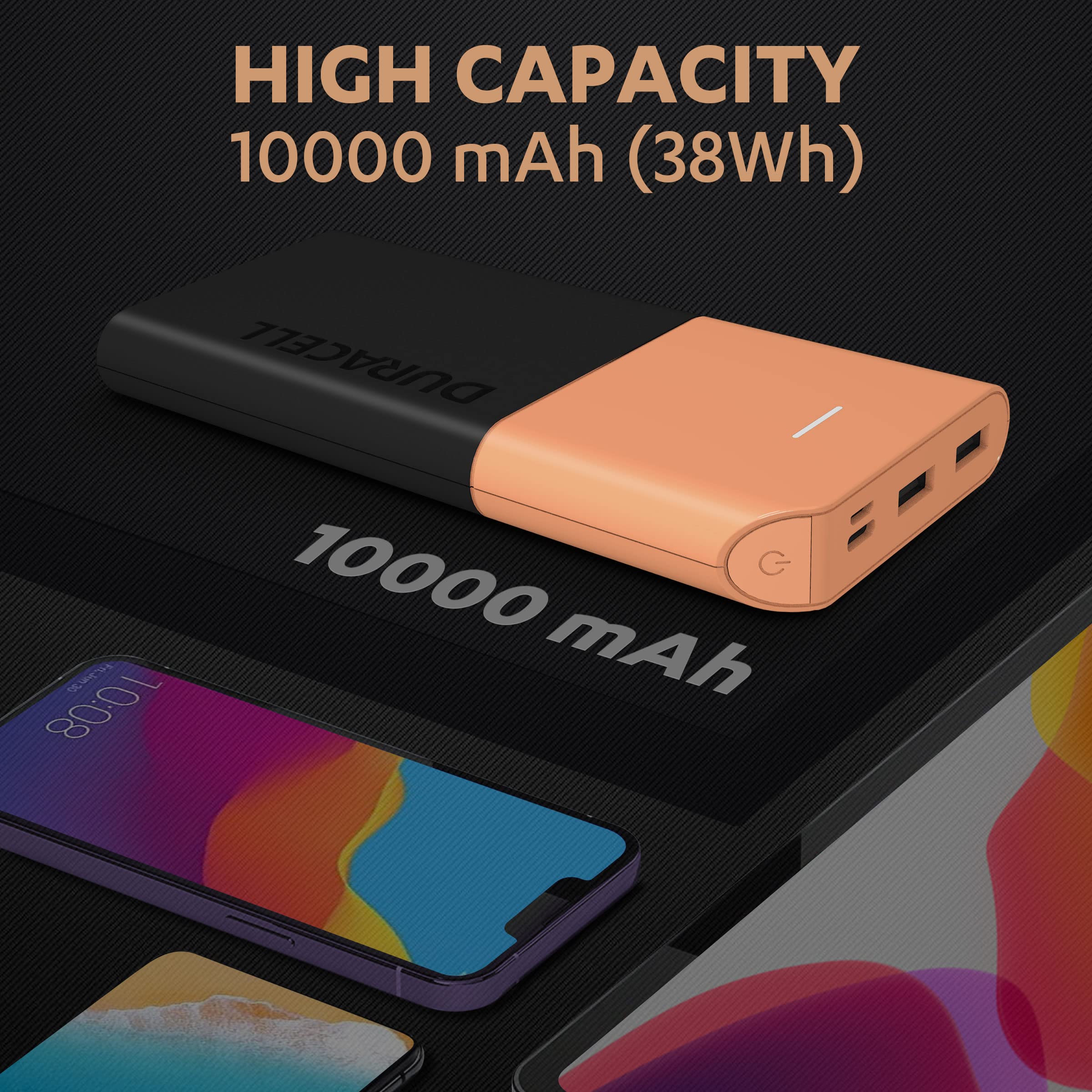 Duracell Power Bank 10000 mAh, Portable Charger, USB C/Micro USB Input, USB A/USB C Output, Fast Charge Technology, 22.5W Power Delivery for Smartphones, Tablets, Headphones and USB-Powered Devices - Unboxed
