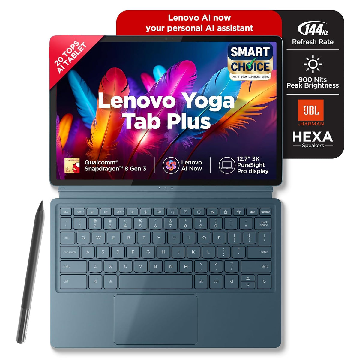 Lenovo Yoga Tab Plus Smartchoice AI Tablet with Pen + Keyboard |12.7" Display, 3K Resolution, 144 Hz|16GB RAM, 512GB ROM|Snapdragon 8 Gen 3|10200 mAh|6 Speakers|USB 3.0 with DP-Out - Unboxed