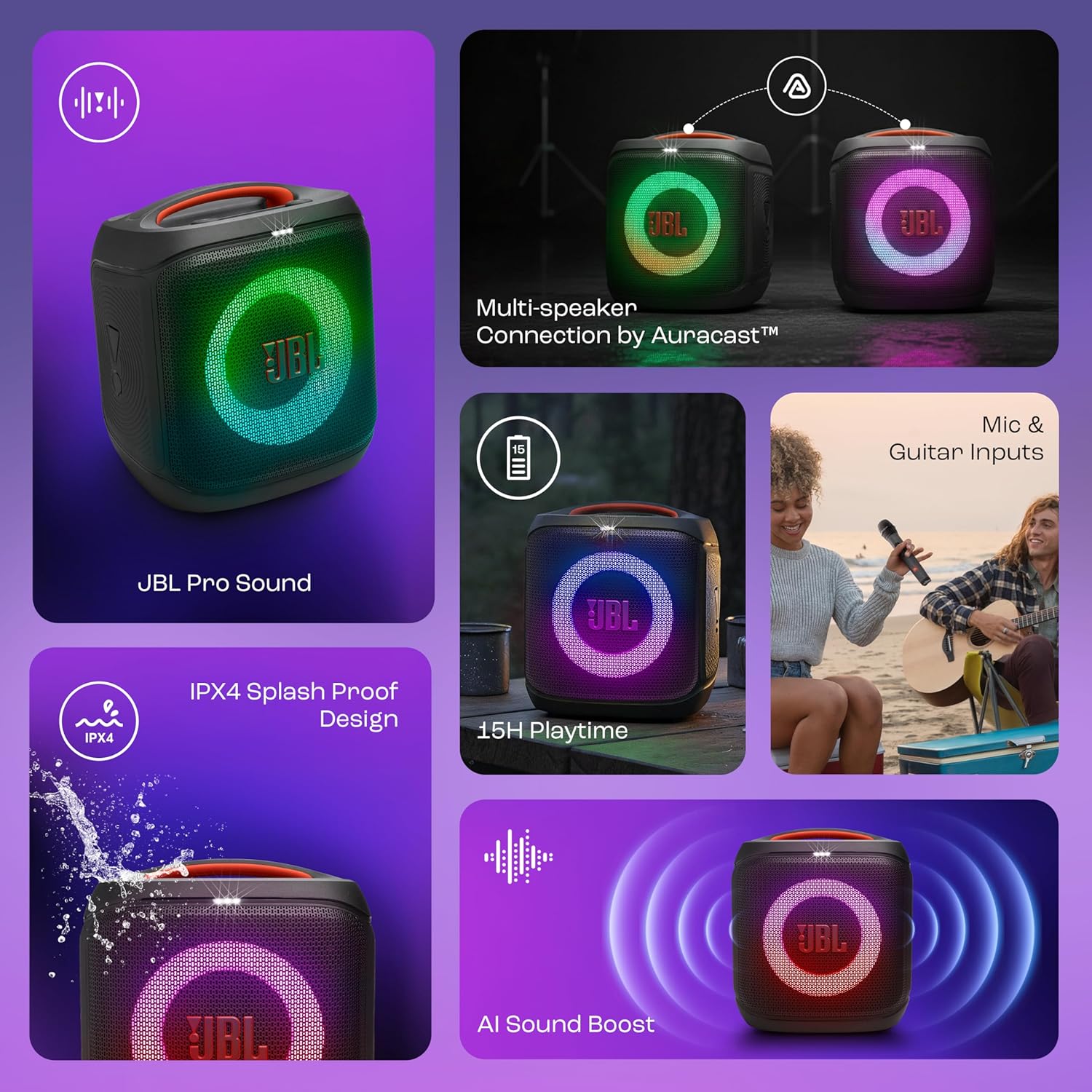 JBL Partybox Encore Essential 2 Wireless Bluetooth Party Speaker, AI Sound Boost, Dynamic Light Show, Upto 15Hrs Playtime, Multi-Speaker Connection by Auracast, Guitar & Mic Inputs, PartyBox App-Black