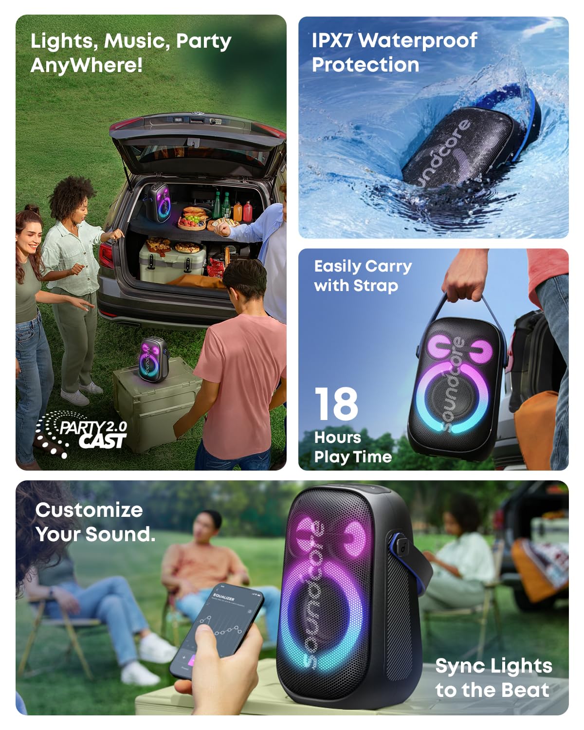 Soundcore Anker Rave Neo 2 Portable Speaker with 80W Stereo Sound,Partycast 2.0,Light Show,Ipx7 Waterproof(Floats On Water) 18H Playtime,Customizable Eq & Bass Up for Party,Backyard-Black,USB - Unboxed