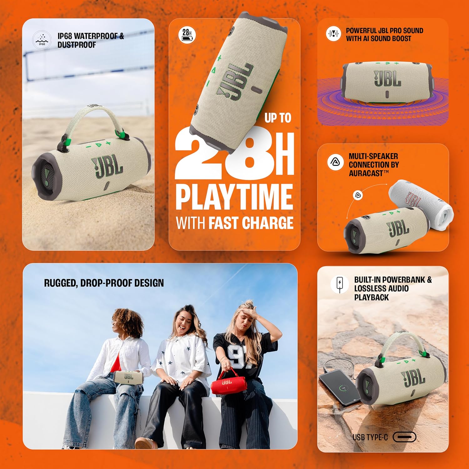 JBL Charge 6, Powerful Pro Sound with AI Sound Boost Wireless Portable Bluetooth Speaker,28 Hrs Playtime, Auracast Multi-Speaker Connection, Built in Power Bank, IP68 Waterproof & dustproof, Sand