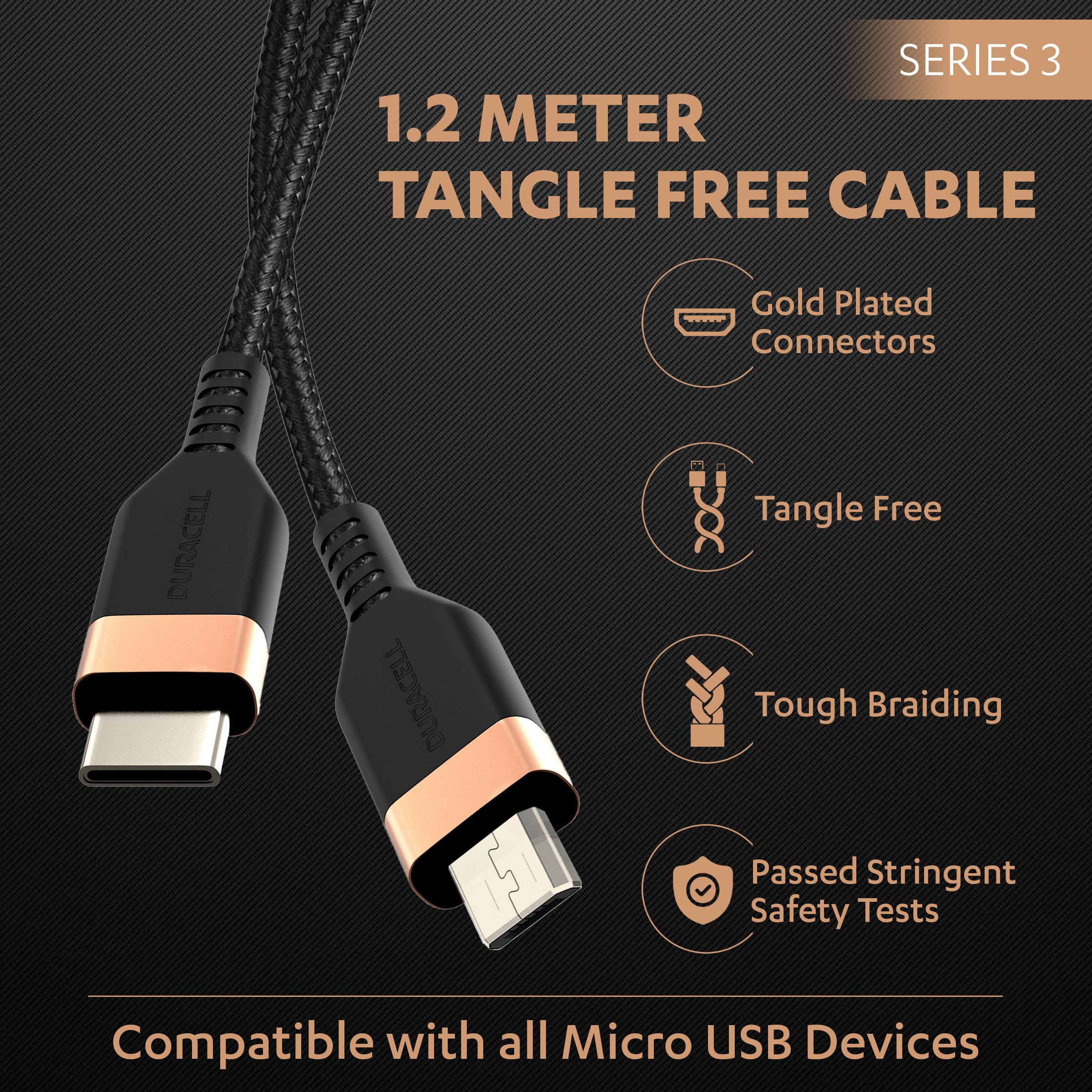Duracell Type-C To Micro 1.2M braided Sync & Charge Cable, USB C to Micro Fast Charge Compatible for fast data transmission