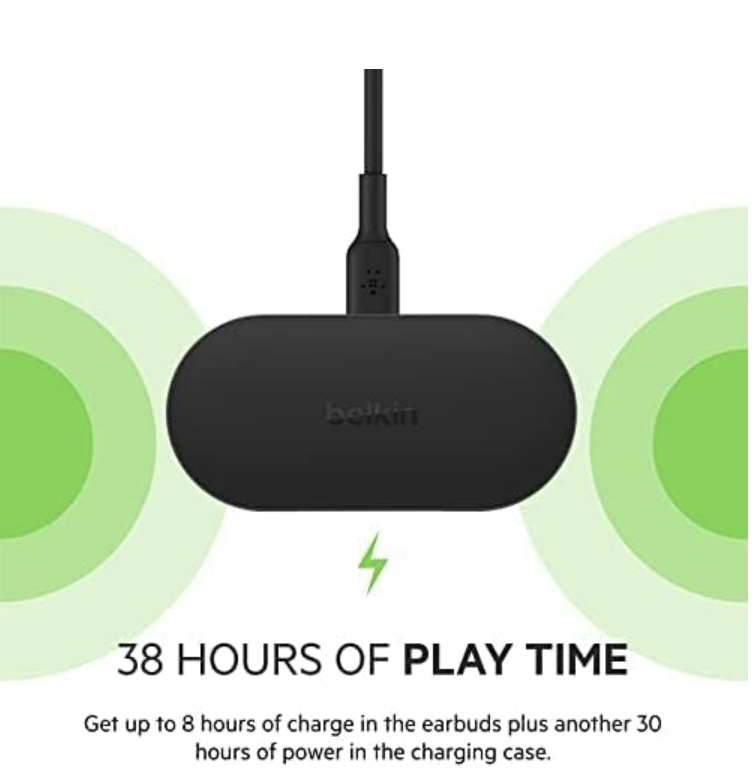 (Open Box) Belkin SOUNDFORM™ Play True Wireless in-Ear Earbuds, IPX5 Sweat & Water Resistant, Up to 38 hrs. Playtime, Bluetooth 5.2, Wireless Charging, Dual mic on Each Side, Compatible with iOS & Android, Black (Grade - A+)