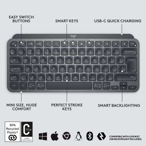 Logitech Mx Keys Mini Minimalist Wireless Illuminated Keyboard, Compact, Bluetooth, Backlit, USB-C, Compatible with MacOS, iOS, Windows, Linux, Android, Metal Build-Graphite - Unboxed