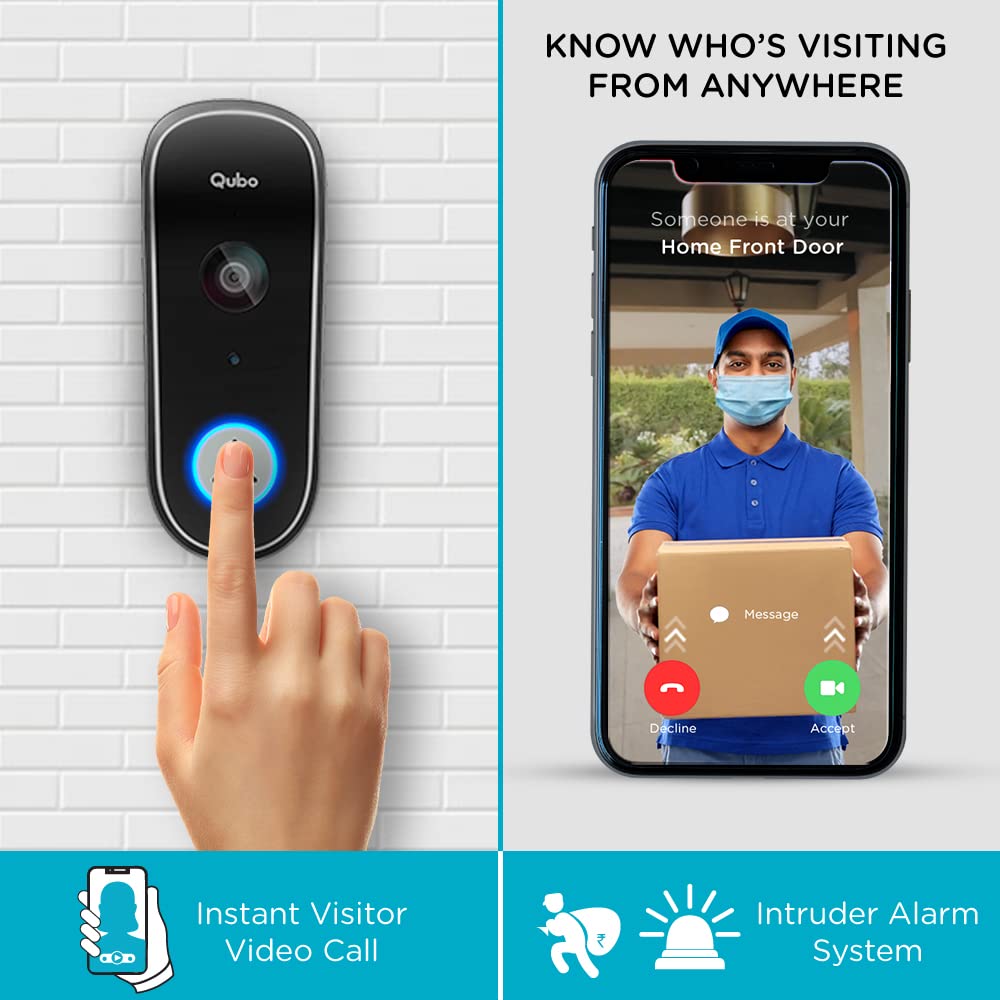 Qubo Smart WiFi Video Doorbell from Hero Group | Instant Phone Visitor Video Call | Intruder Alarm System | 1080P FHD Camera | 2-Way Talk | Alexa & OK Google | Plug and Play AC Chime | Made in India