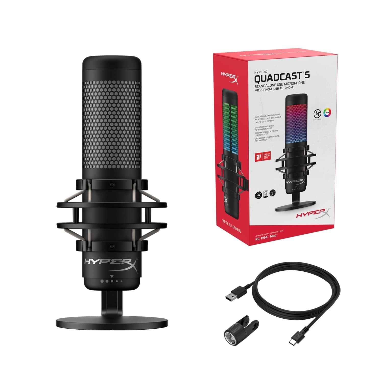 (Open Box) HyperX Quadcast S RGB USB Condenser Omnidirectional Microphone for Pc, Ps4 and Mac, Gaming, Streaming, Podcasts, Twitch, YouTube, Discord (Hmiq1S-Xx-Rg/G, Black) Grade - A+