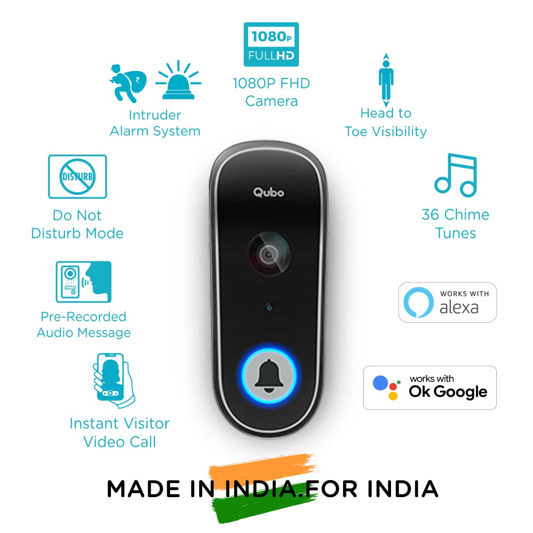 Qubo Smart WiFi Video Doorbell from Hero Group | Instant Phone Visitor Video Call | Intruder Alarm System | 1080P FHD Camera | 2-Way Talk | Alexa & OK Google | Plug and Play AC Chime | Made in India