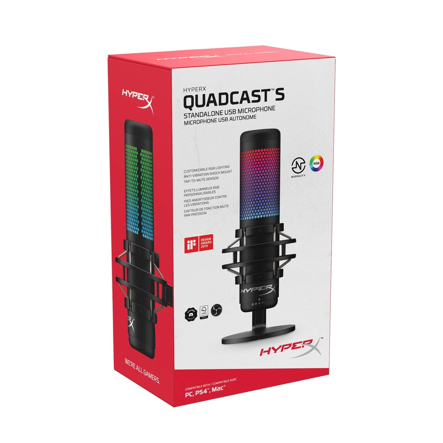 (Open Box) HyperX Quadcast S RGB USB Condenser Omnidirectional Microphone for Pc, Ps4 and Mac, Gaming, Streaming, Podcasts, Twitch, YouTube, Discord (Hmiq1S-Xx-Rg/G, Black) Grade - A+