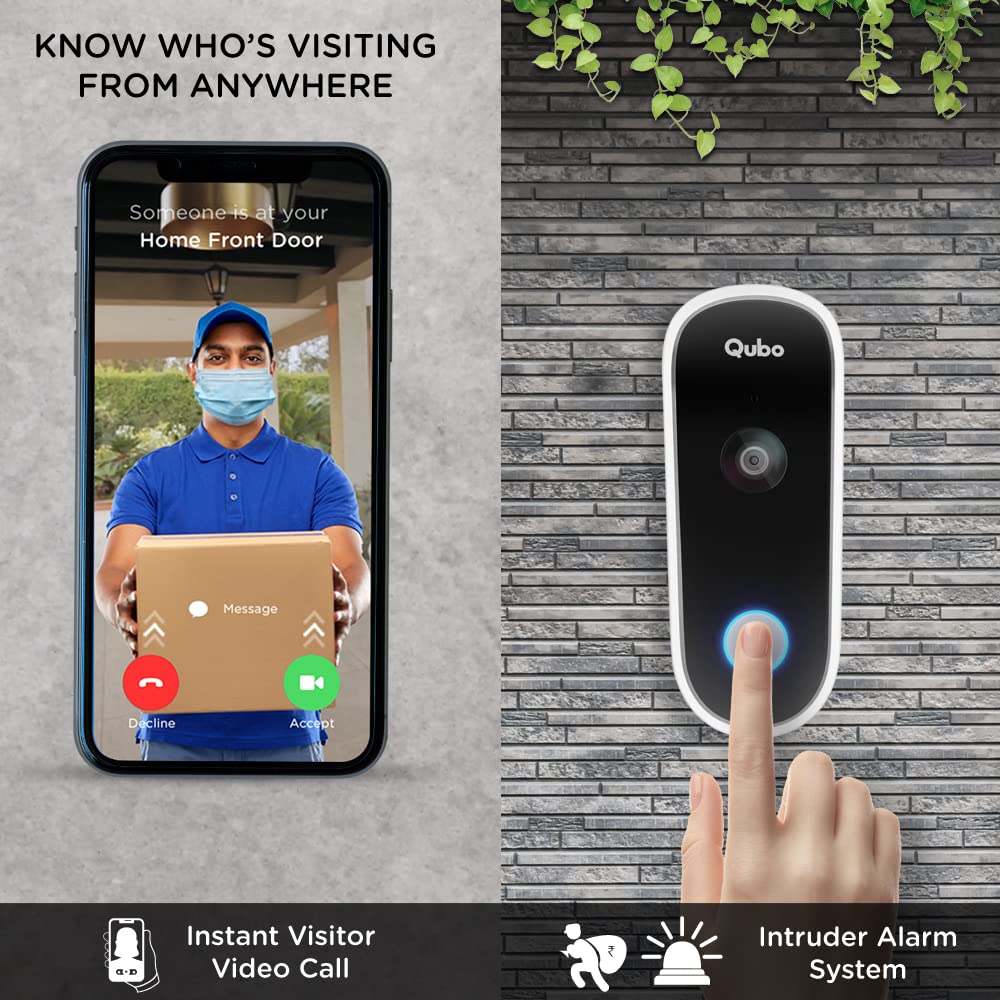 Qubo Smart WiFi Video Doorbell from Hero Group | Instant Phone Visitor Video Call | Intruder Alarm System | 1080P FHD Camera | 2-Way Talk | Alexa & OK Google | Plug and Play AC Chime | Made in India