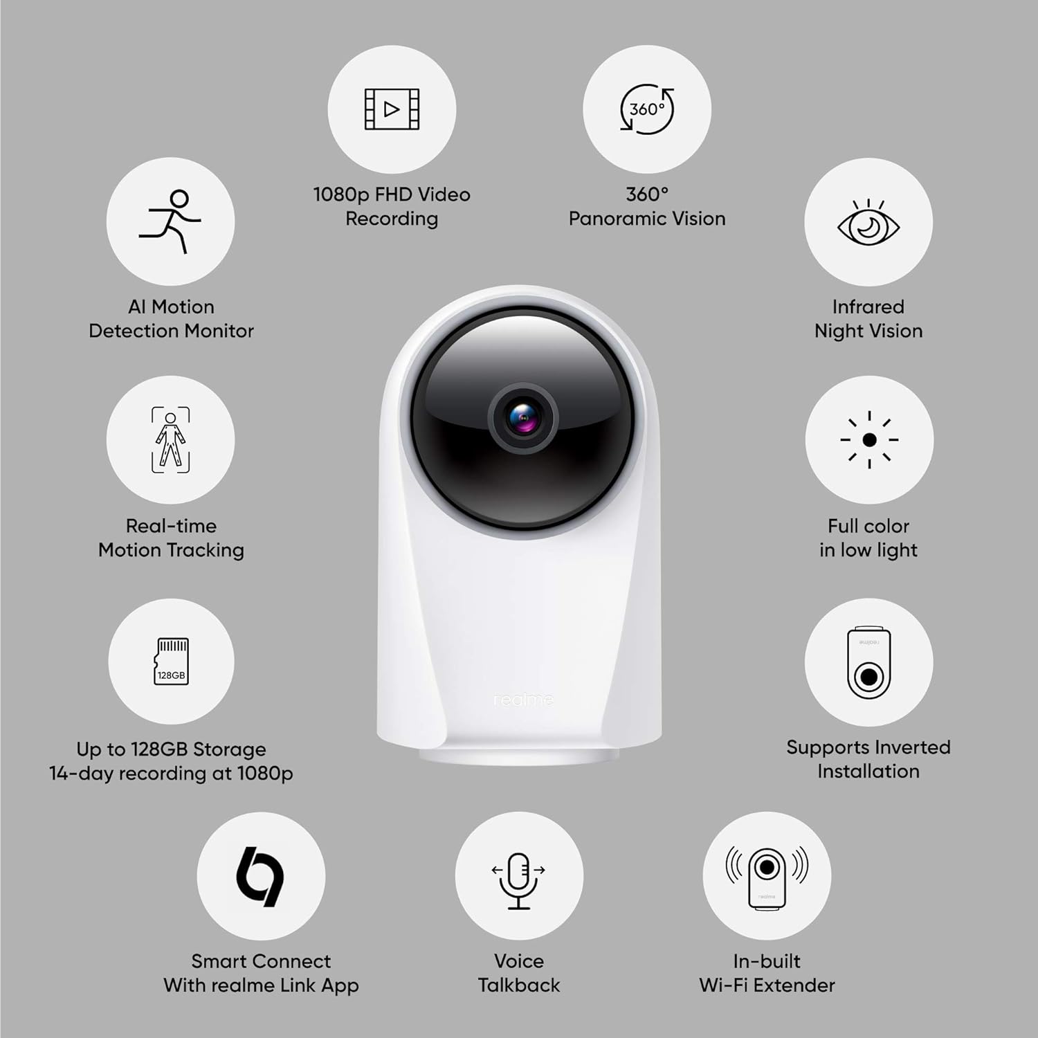 (Open Box) Realme 360 Deg 1080p Full HD WIFI Smart Security Camera (White) | Alexa Enabled | 2-Way Audio | Night Vision | Motion Tracking & Intruder Alert, 7.1cm x 6.58cm x 11.43cm (Grade - A+)