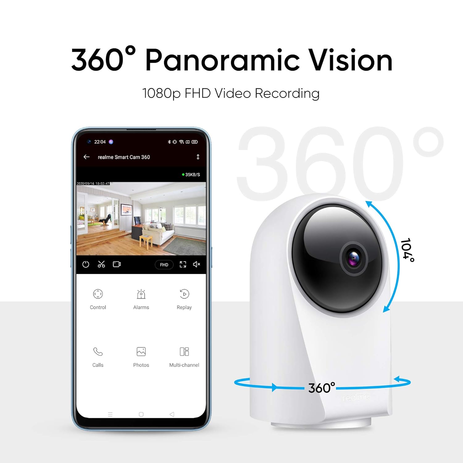 (Open Box) Realme 360 Deg 1080p Full HD WIFI Smart Security Camera (White) | Alexa Enabled | 2-Way Audio | Night Vision | Motion Tracking & Intruder Alert, 7.1cm x 6.58cm x 11.43cm (Grade - A+)