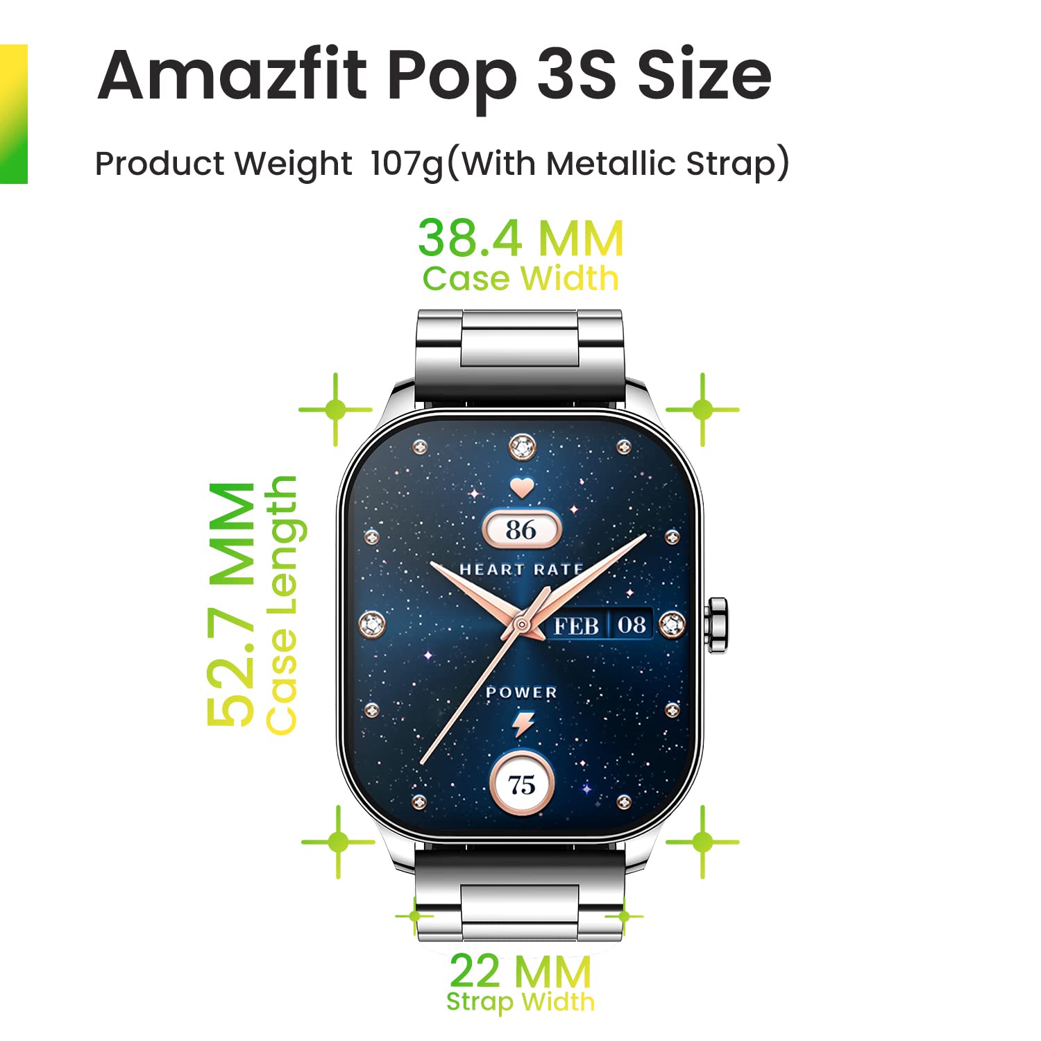Amazfit Pop 3S Smart Watch with 1.96" AMOLED Display, BT Calling, SpO2, 12-Day Battery Life, 304 Stainless Steel, AI Voice Assistance, 100 Sports Modes, 24H HR Monitor, Music Control - Sealed