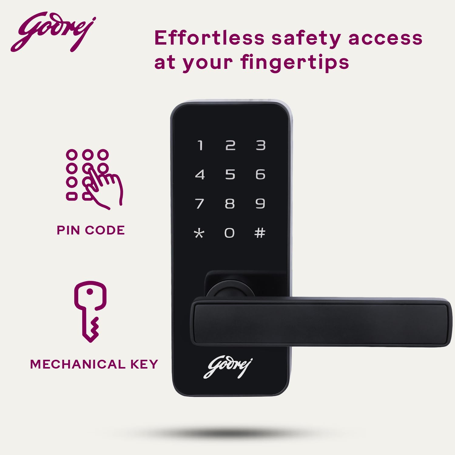 Godrej Smart Lock I Catus Touch I Digital Lock for Main and Internal Wooden Door I 2 in 1 Access I Pin Access I Mechanical Key I Black Finish I 3 Years Warranty |
