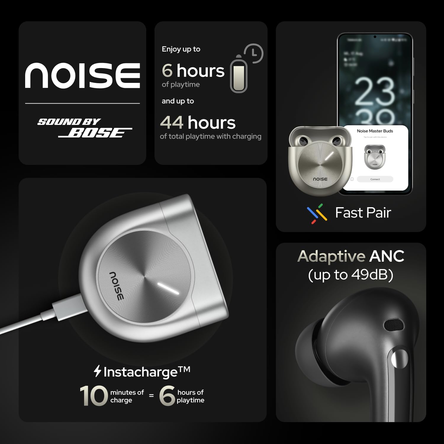 Noise Master Buds, Sound by Bose in-Ear Bluetooth Earbuds, Up to 49dB Adaptive ANC, LHDC 5.0, Immersive Spatial Audio, 44H Playtime with 6 mic ENC, Dual Pairing, IPX5 Ear Buds TWS - Unboxed
