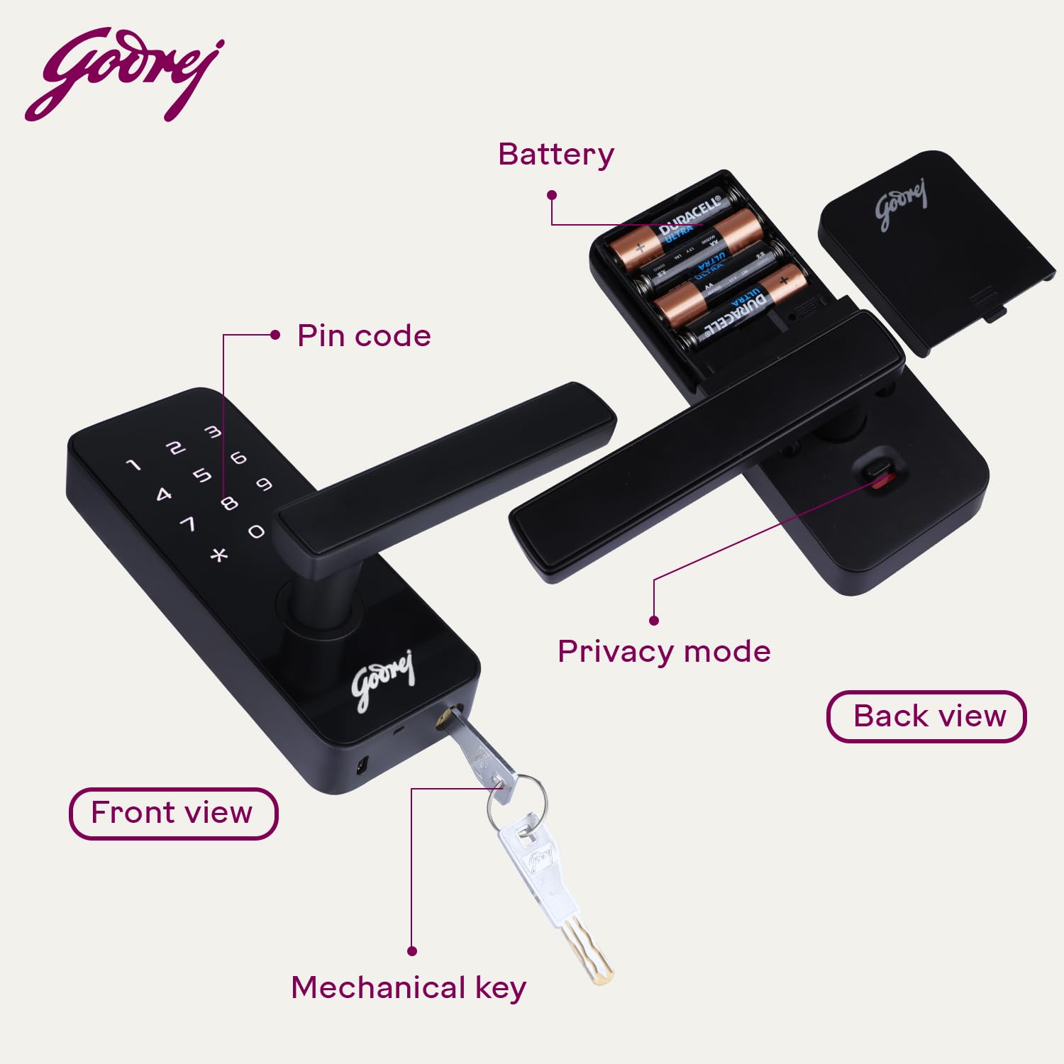 Godrej Smart Lock I Catus Touch I Digital Lock for Main and Internal Wooden Door I 2 in 1 Access I Pin Access I Mechanical Key I Black Finish I 3 Years Warranty |