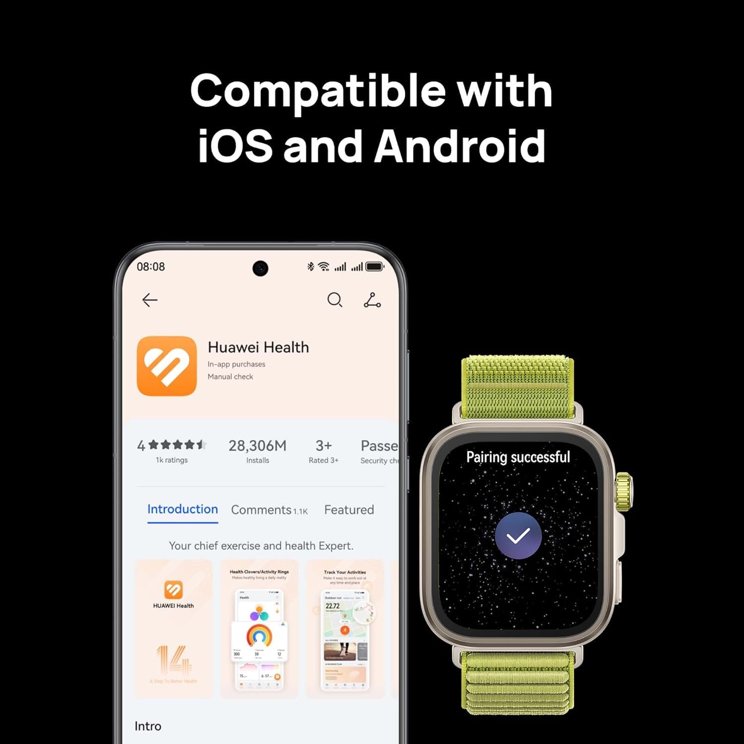 Huawei Watch FIT4 Pro Smartwatch, 1.82" Sapphire Display Titanium Alloy Bezel, Up to 10-Day Battery Life, Dual Band GPS, Golf Courses map, 40 m Free Diving, Compatible with Android iOS, Black