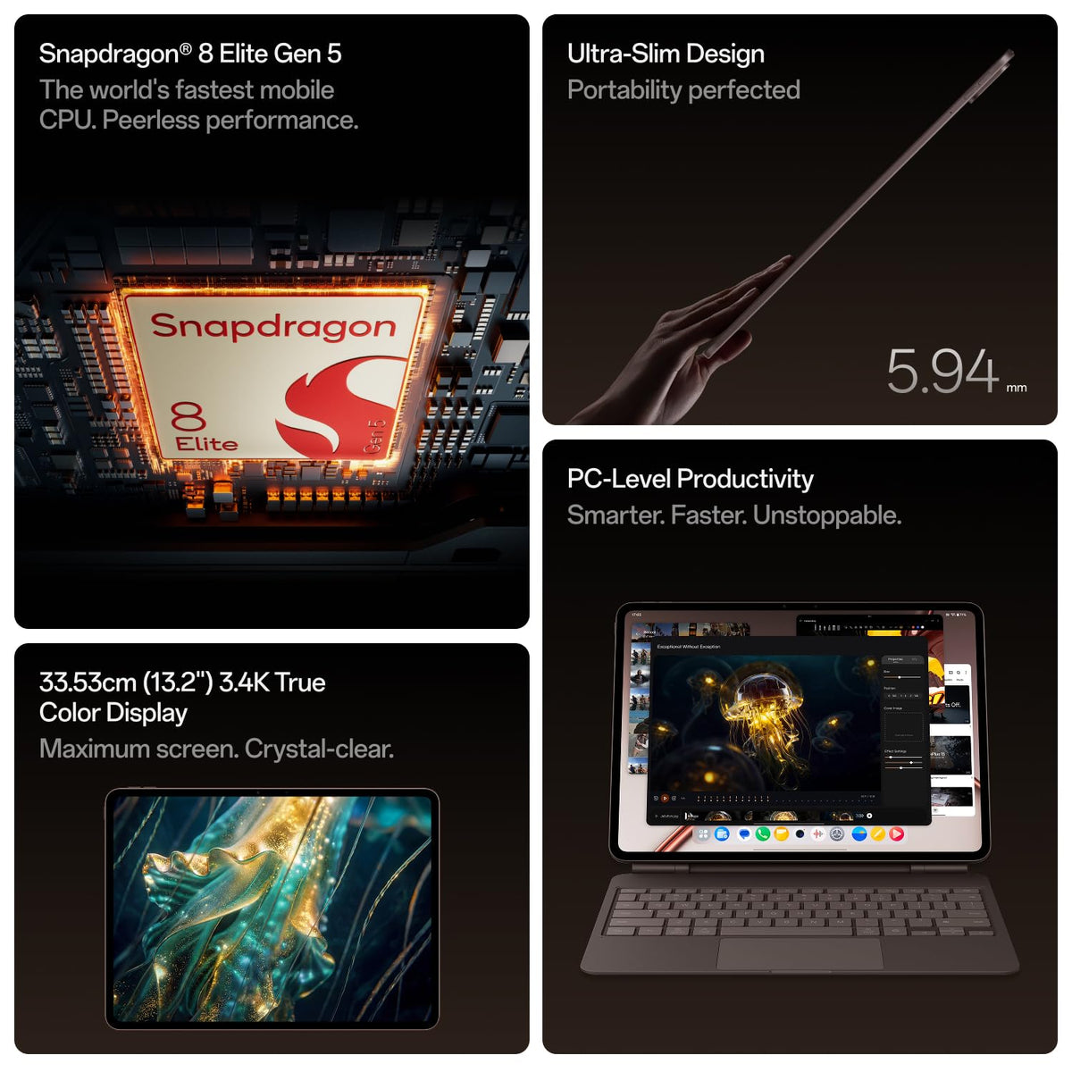 OnePlus, Pad 4, 13.2 inch (33.53 CM), LCD, 8GB RAM, 256GB ROM, WiFi, 8 Speakers, Snapdragon 8 Elite Gen 5, Dune Glow, AI Enabled - Unboxed