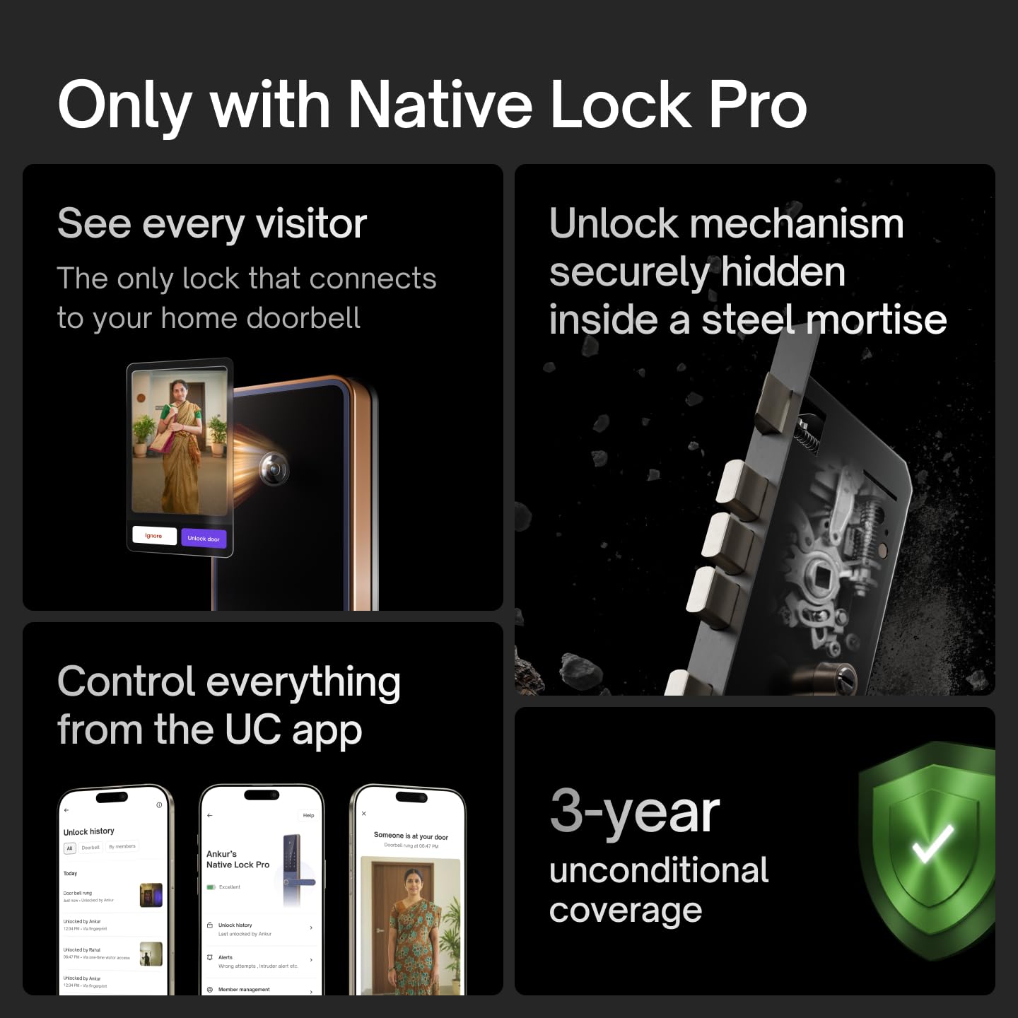 Native by Urban Company Lock Pro Smart Door Lock with in-Built HD Camera & Home Doorbell Connect | 7-Way Unlock | Free Installation | 3-Year Warranty - Unboxed