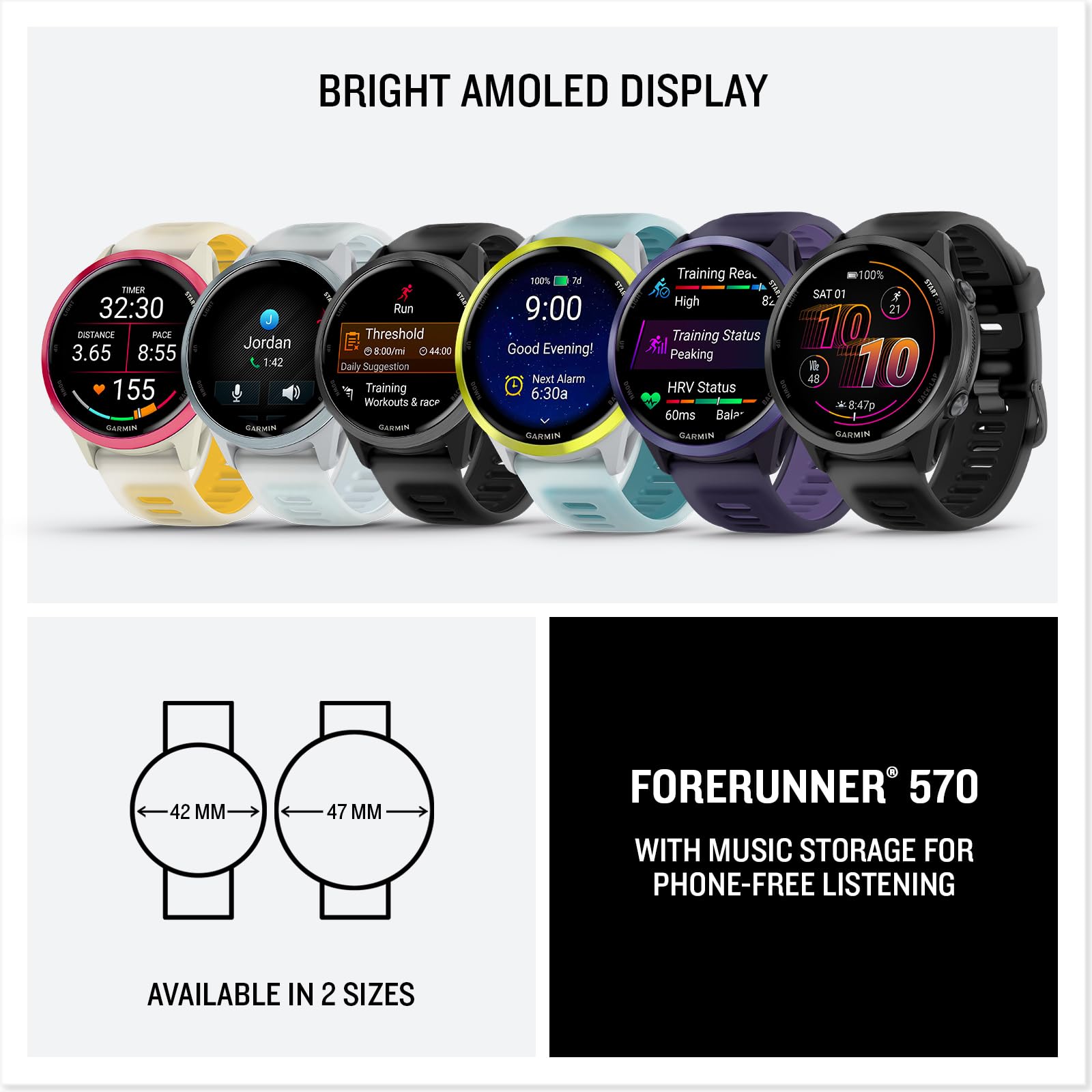 Garmin® Forerunner® 570, 42mm, Advanced GPS Running and Triathlon Smartwatch, AMOLED Display, Training and Recovery Features, Slate Gray Aluminum with Translucent Black/Black Band - Unboxed