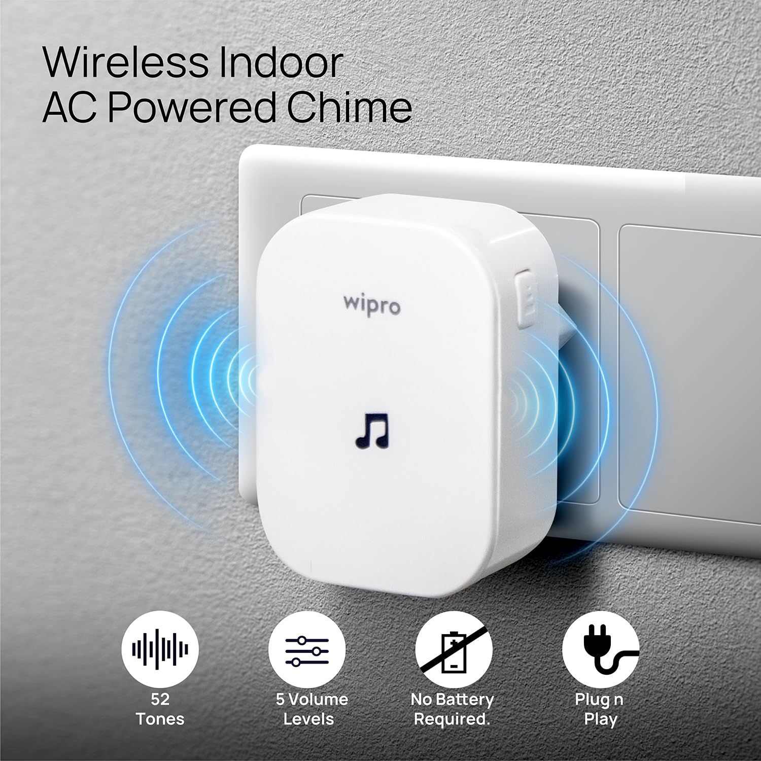 wipro Smart Wi-Fi Video Doorbell Pro | 3 MP 1296p Full HD Camera with Night Vision | Instant Visitor Video Call on Mobile | Intruder Alarm | AI Motion Detection | Indoor Chime with 52 Tunes