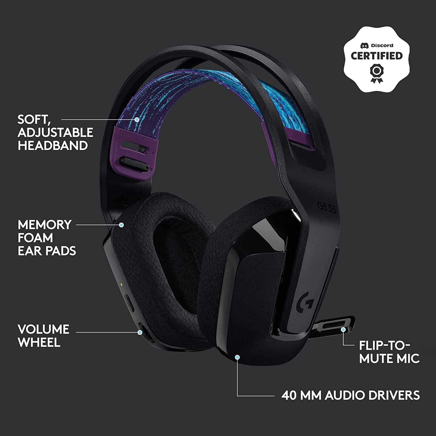 Logitech G535 Lightspeed Wireless Gaming Headset - Lightweight on-Ear Headphones, flip to Mute mic, Stereo, Compatible with PC, PS4, PS5, USB Rechargeable - Black