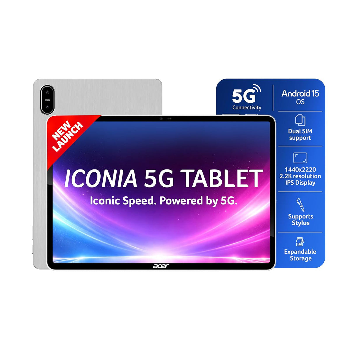 Acer Iconia 5G Tablet|11.45" 2.2k”90Hz IPS Display, MediaTek 8791 Processor, 8GB RAM + 128GB Storage, 16MP Rear+8MP Front Camera,Wi-Fi + 5G Volte, Android 15,BT 5.2, Slim Metal Body - Unboxed