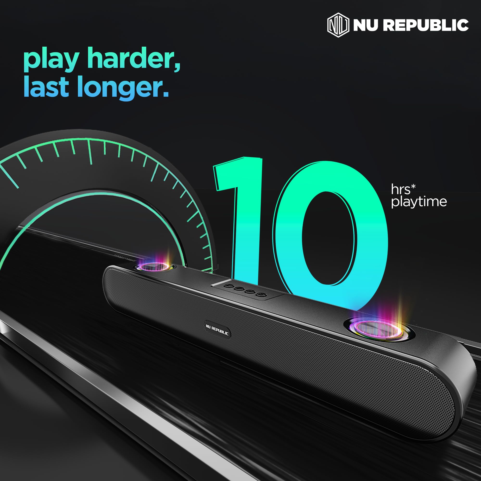 Nu Republic Party Box 16 Bluetooth Soundbar with X-Bass Technology, Upto 10 Hrs Playtime, Multiple RGB LED Lights, 16 W Output - Unboxed