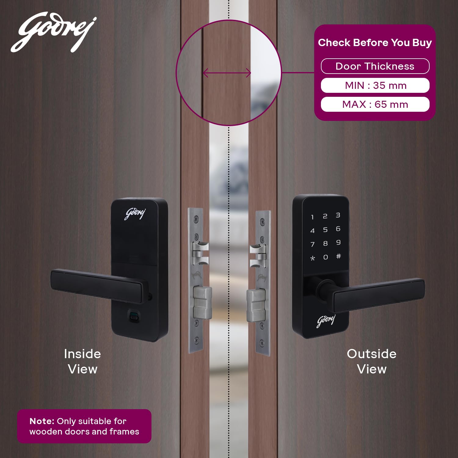 Godrej Smart Lock I Catus Touch I Digital Lock for Main and Internal Wooden Door I 2 in 1 Access I Pin Access I Mechanical Key I Black Finish I 3 Years Warranty |